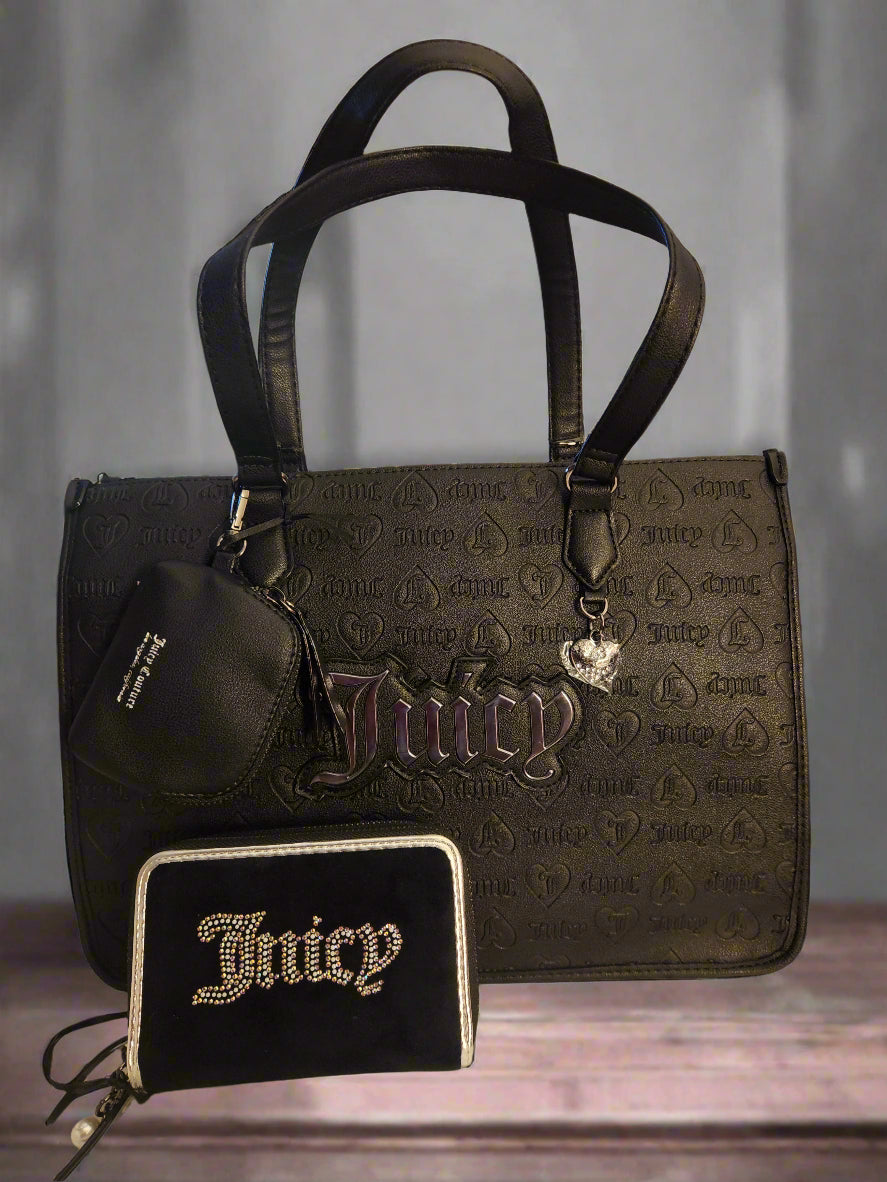 Juicy Couture Embossed Satchel Tote w/ Matching Wallet & Coin Bag