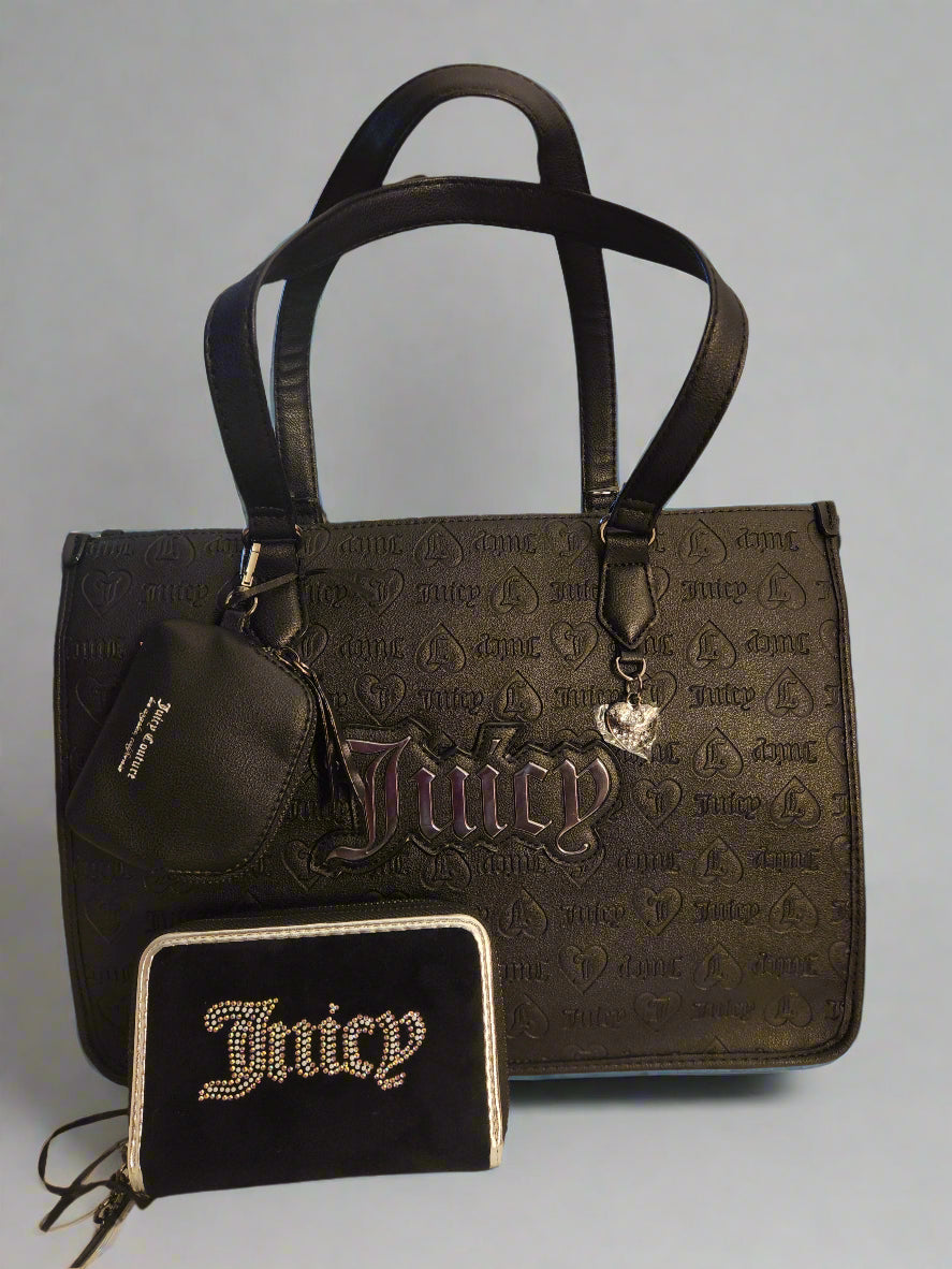 Juicy Couture Embossed Satchel Tote w/ Matching Wallet & Coin Bag