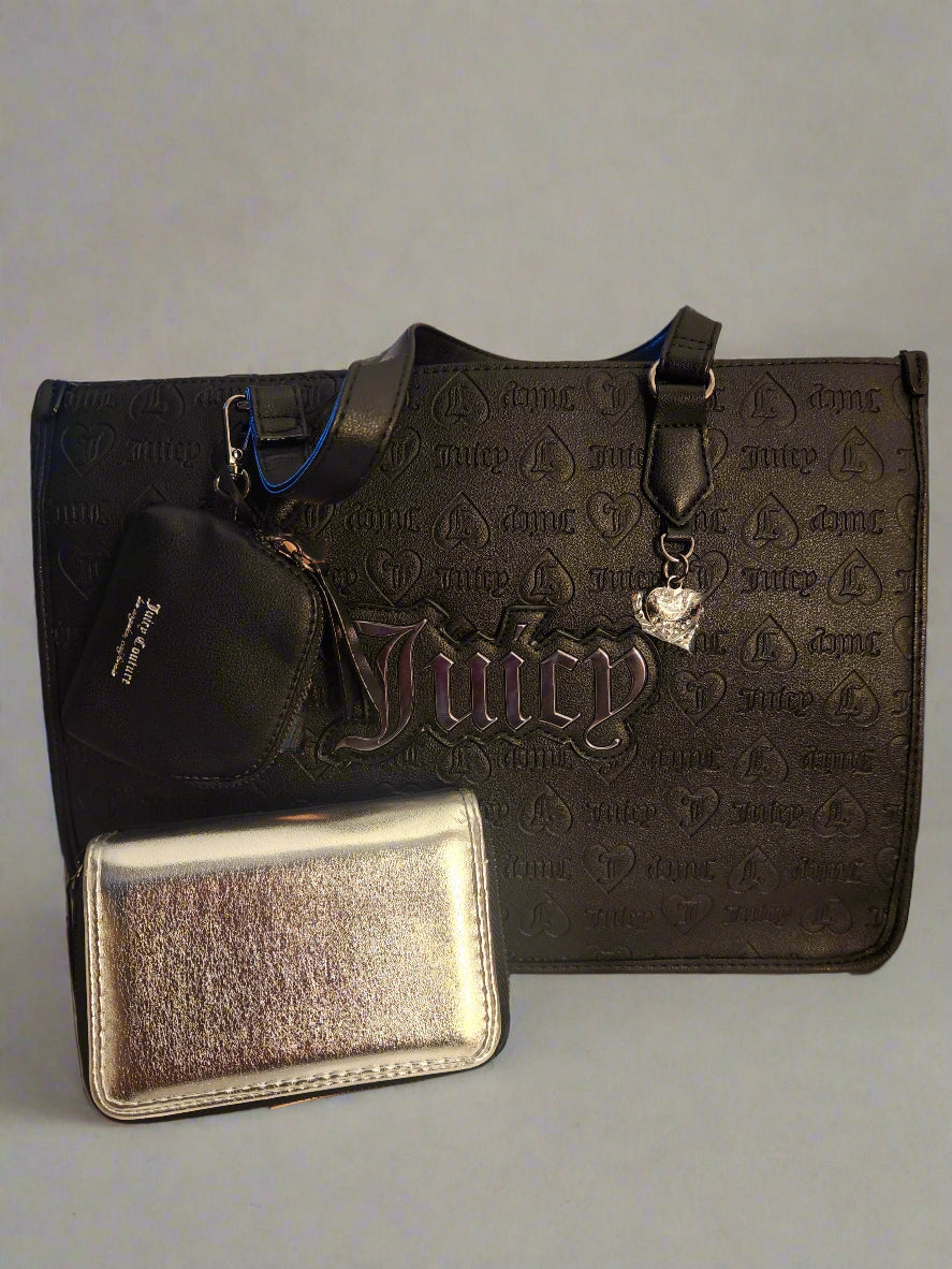 Juicy Couture Embossed Satchel Tote w/ Matching Wallet & Coin Bag