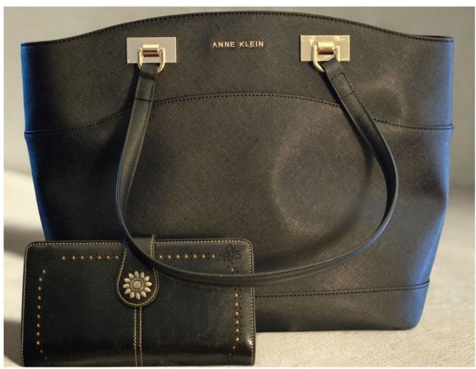 Anne Klein Black Handbag with Gold Accents w/ Black Wallet