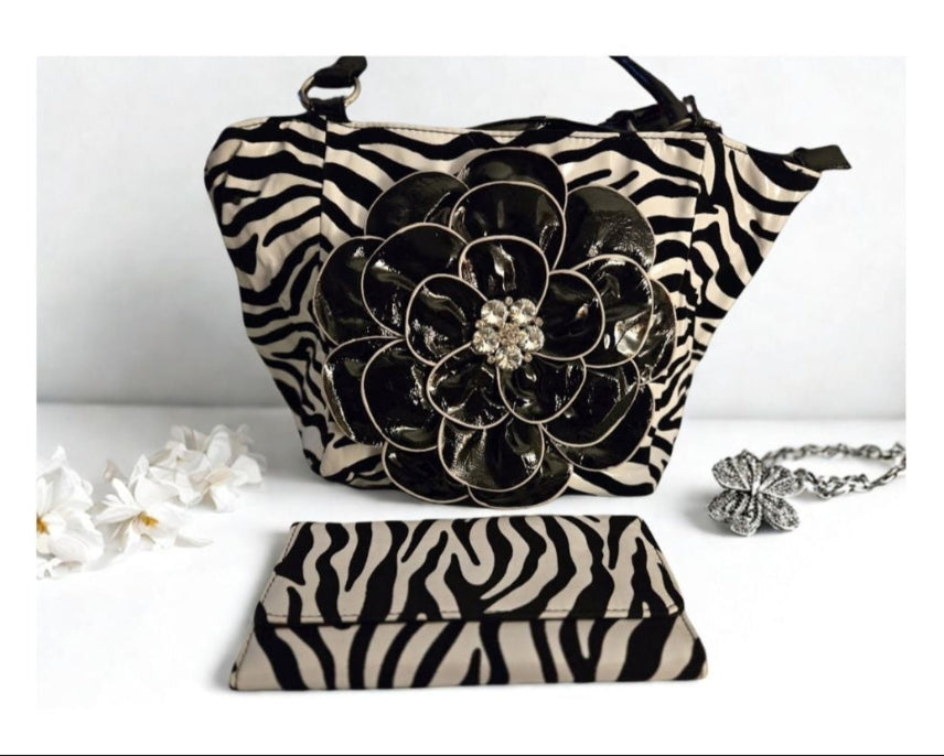A Zebra Print Handbag w/ Decorative Black Flower & Matching Wallet