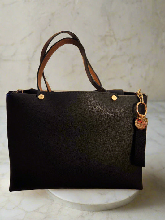 Aldo Black Handbag with Gold Accents and Matching Wallet
