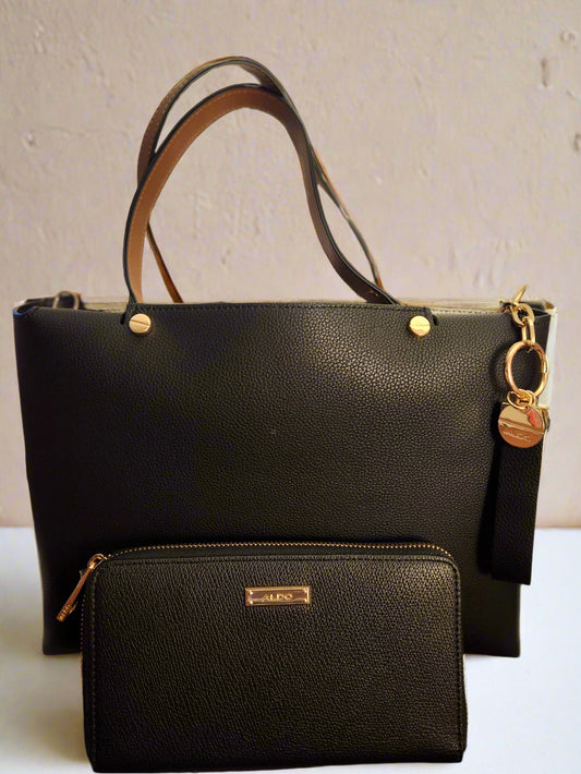 Aldo Black Handbag with Gold Accents and Matching Wallet