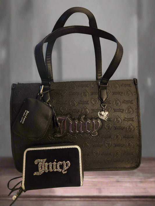 Juicy Couture Embossed Satchel Tote w/ Matching Wallet & Coin Bag
