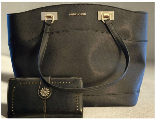 Anne Klein Black Handbag with Gold Accents w/ Black Wallet