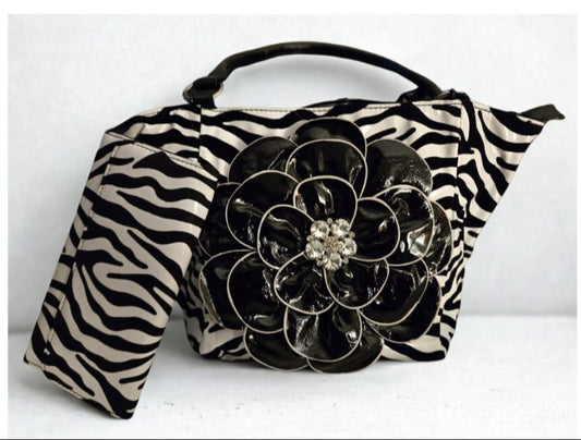 A Zebra Print Handbag w/ Decorative Black Flower & Matching Wallet