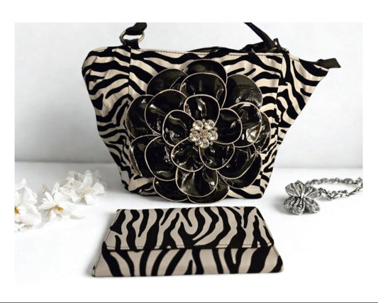 A Zebra Print Handbag w/ Decorative Black Flower & Matching Wallet
